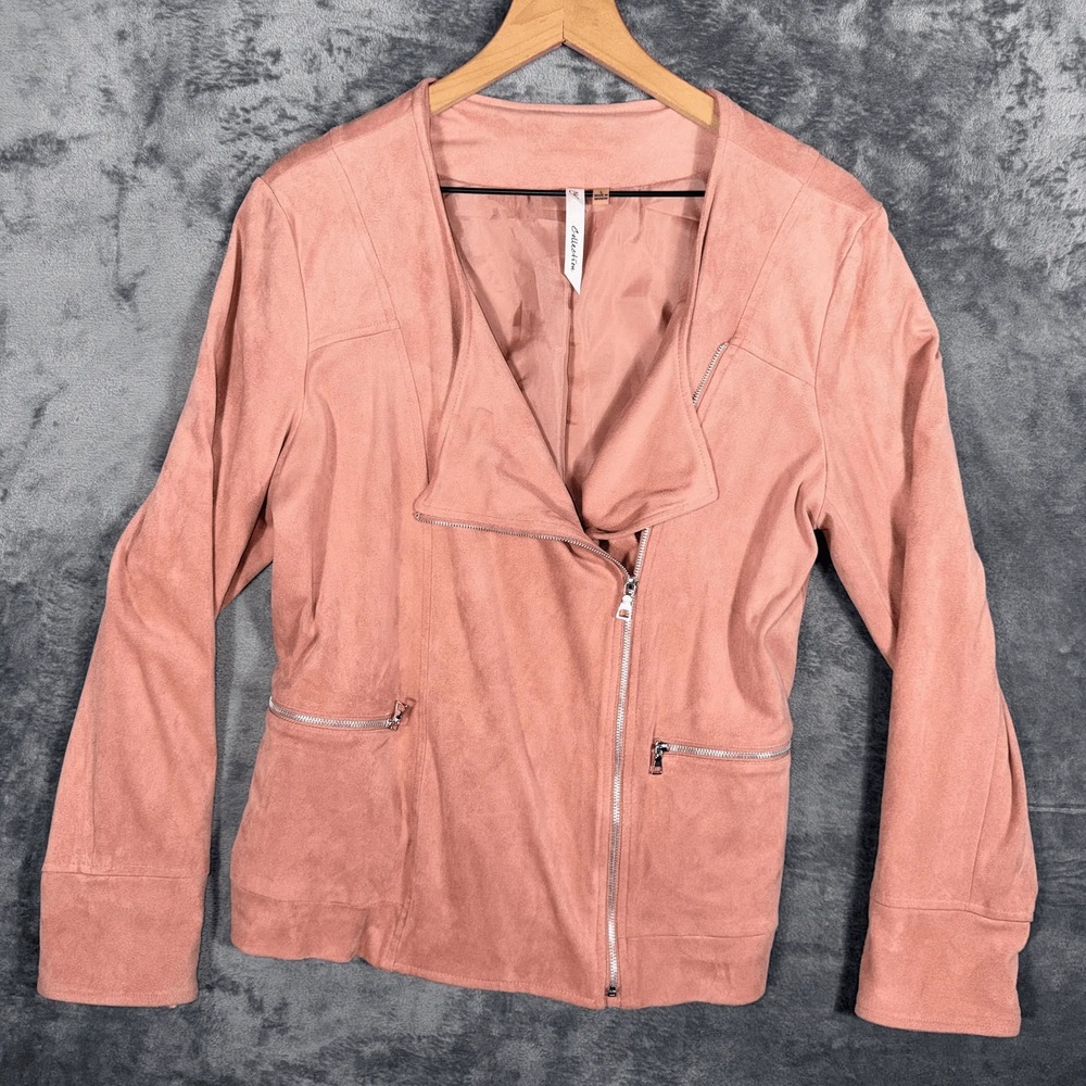 NY Collection Womens Moto Jacket L Rose Faux Suede Asymmetrical Zip‎